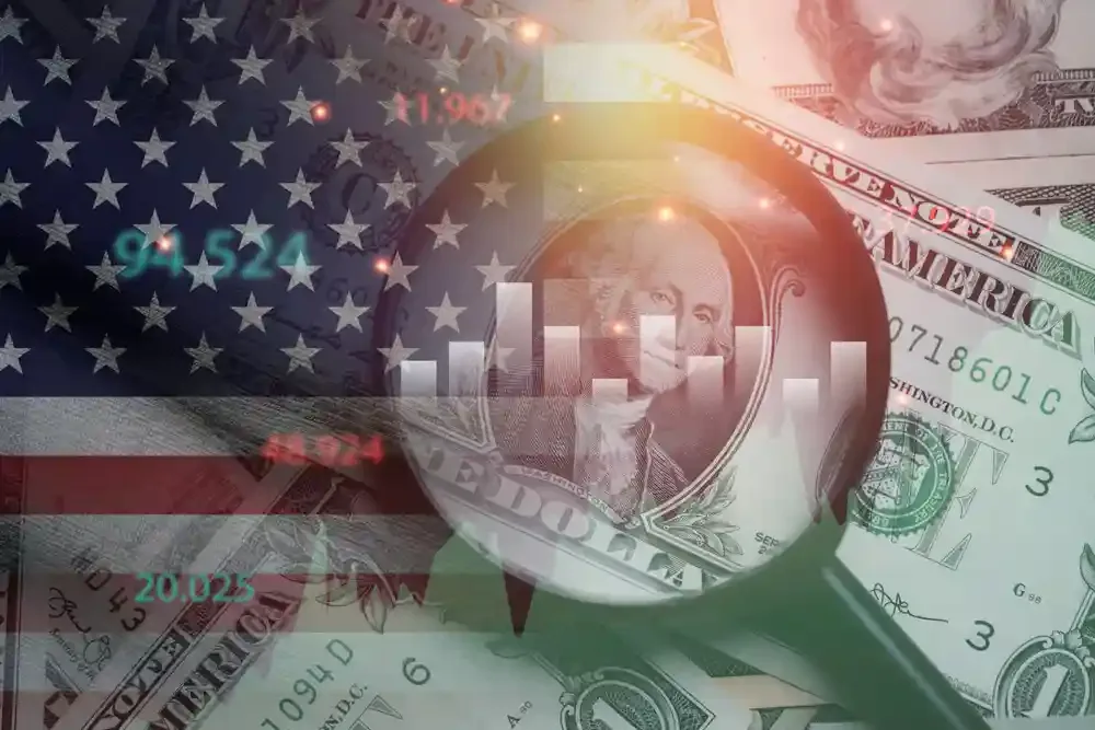 USA flag banknote stock market graph chart