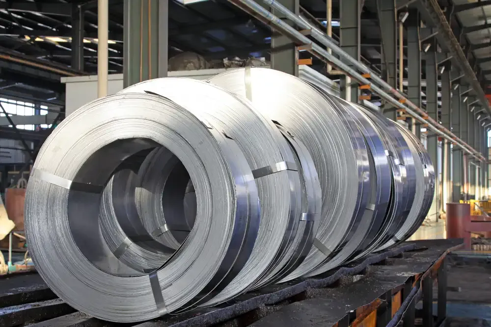 rolled strip steel products in a warehouse