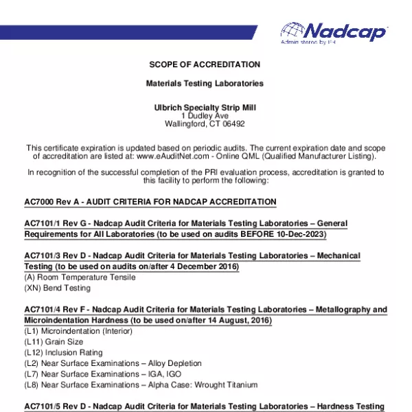 Scope Of Accreditation Nadcap Aerospace Materials Testing Laboratories audit 220546