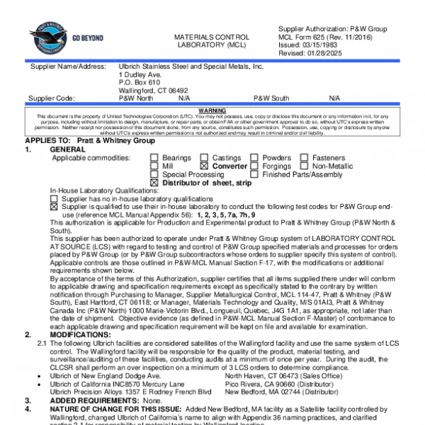 Ulbrich Stainless MCLM625 Pratt Whitney LCS