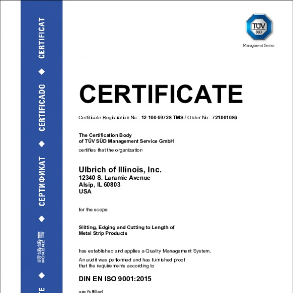 Ulbrich of Illinois ISO 9001 2015 Expires 8 24 28