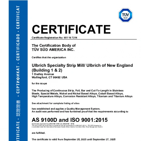 Ulbrich Specialty Strip Multi Site AS9100 D and ISO 9001 2015